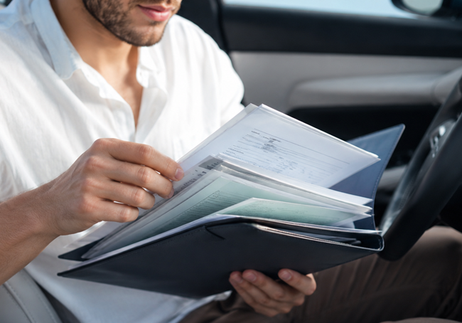muskarac gleda papire za registraciju automobila